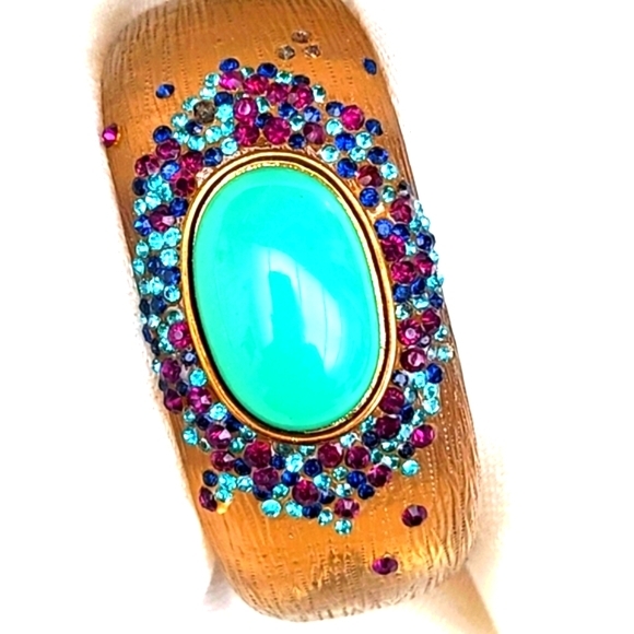 Unmarked Jewelry - DOMINIQUE AURENTIS Goldtone Lucite W/ Turq.Stone& Set Crystals Bangle Unsigned